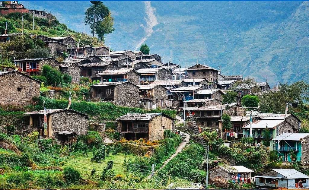 Stone houses in a green Helambu mountain village